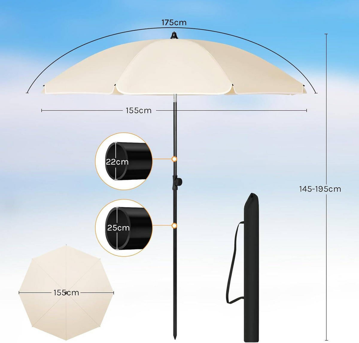 SONNENSCHIRM, Balkonschirm Strandschirm UV-beständig wasserdicht - Beige, Metall (155/155cm) - Woltu