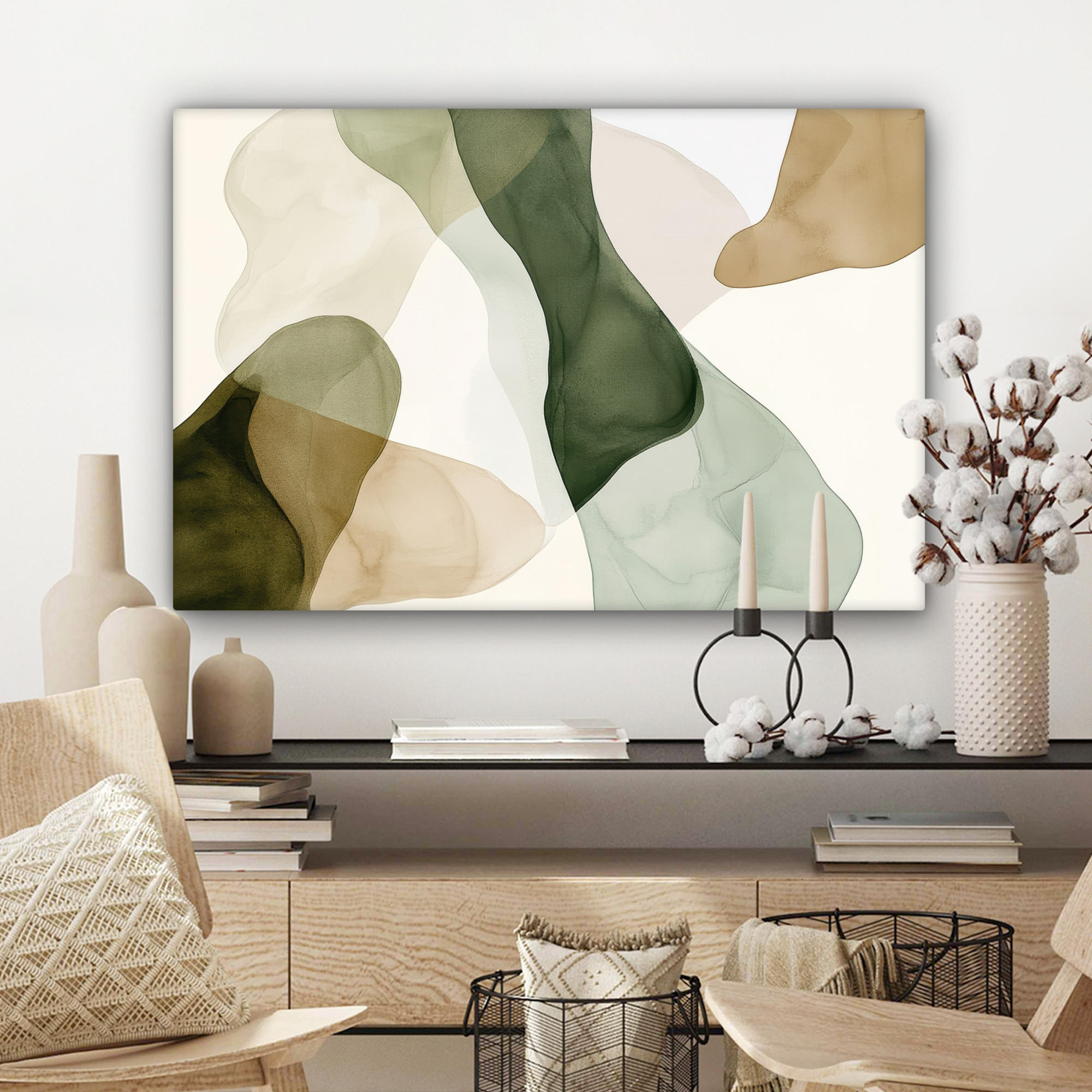 LEINWANDBILD Japandi - Abstrakt - Grün Wanddeko 90x60 cm - Salbeigrün, Textil (90/60cm) - MuchoWow