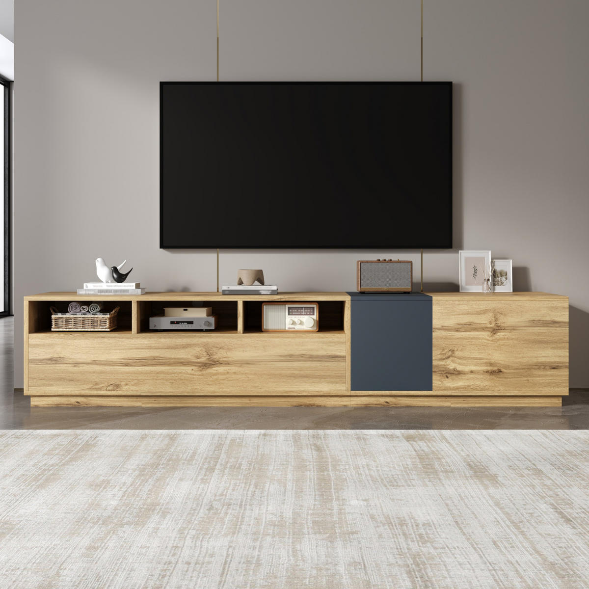 TV stolek 200/45/45 cm s otevřenými přihrádkami a kabelovými průchodkami, dvířky a tichým zavíráním, Černá/Šedá a přírodní - černá, kompozitní dřevo (200/45/45cm) - Redom