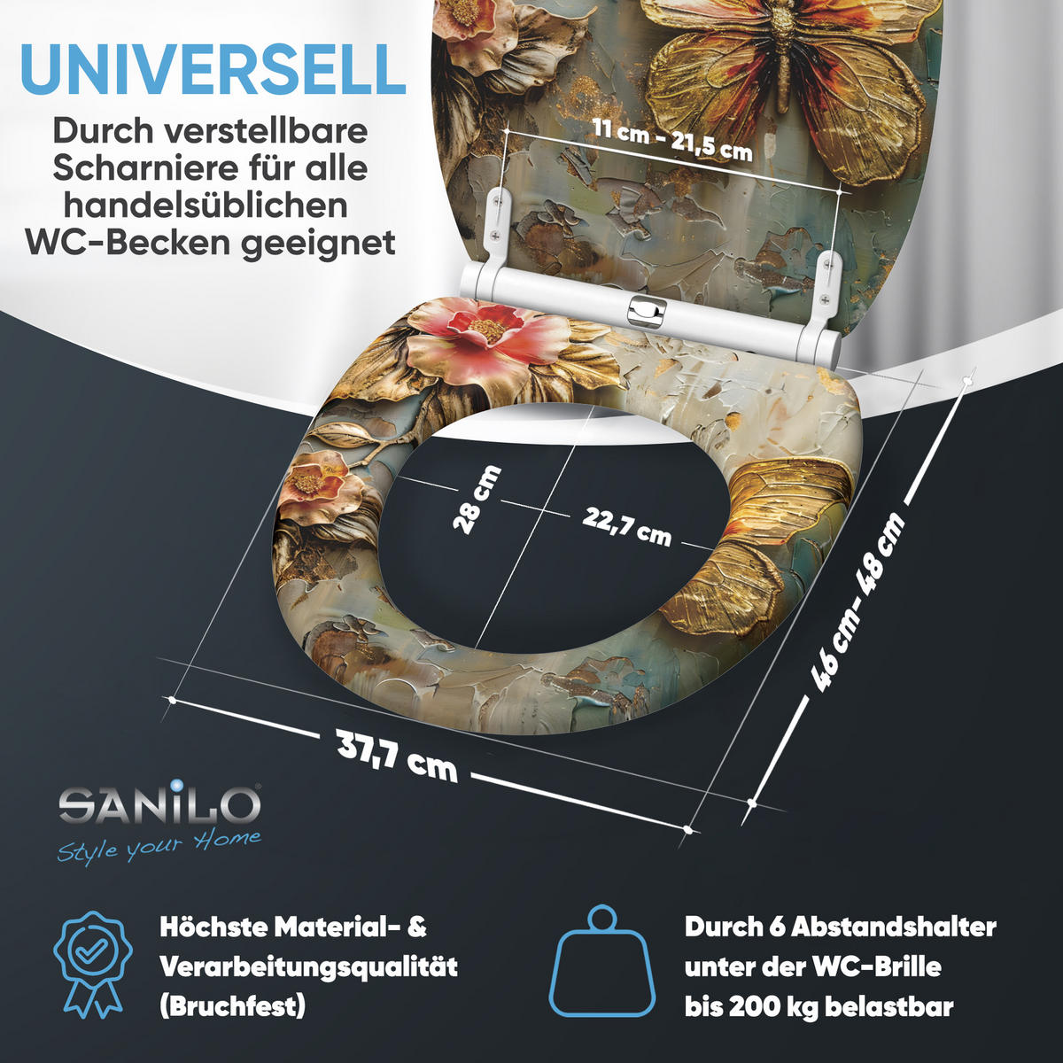 WC-SITZ mit Absenkautomatik & Top Fix Flutterby - Grau, Holzwerkstoff (37.7/5.5/48cm) - Sanilo