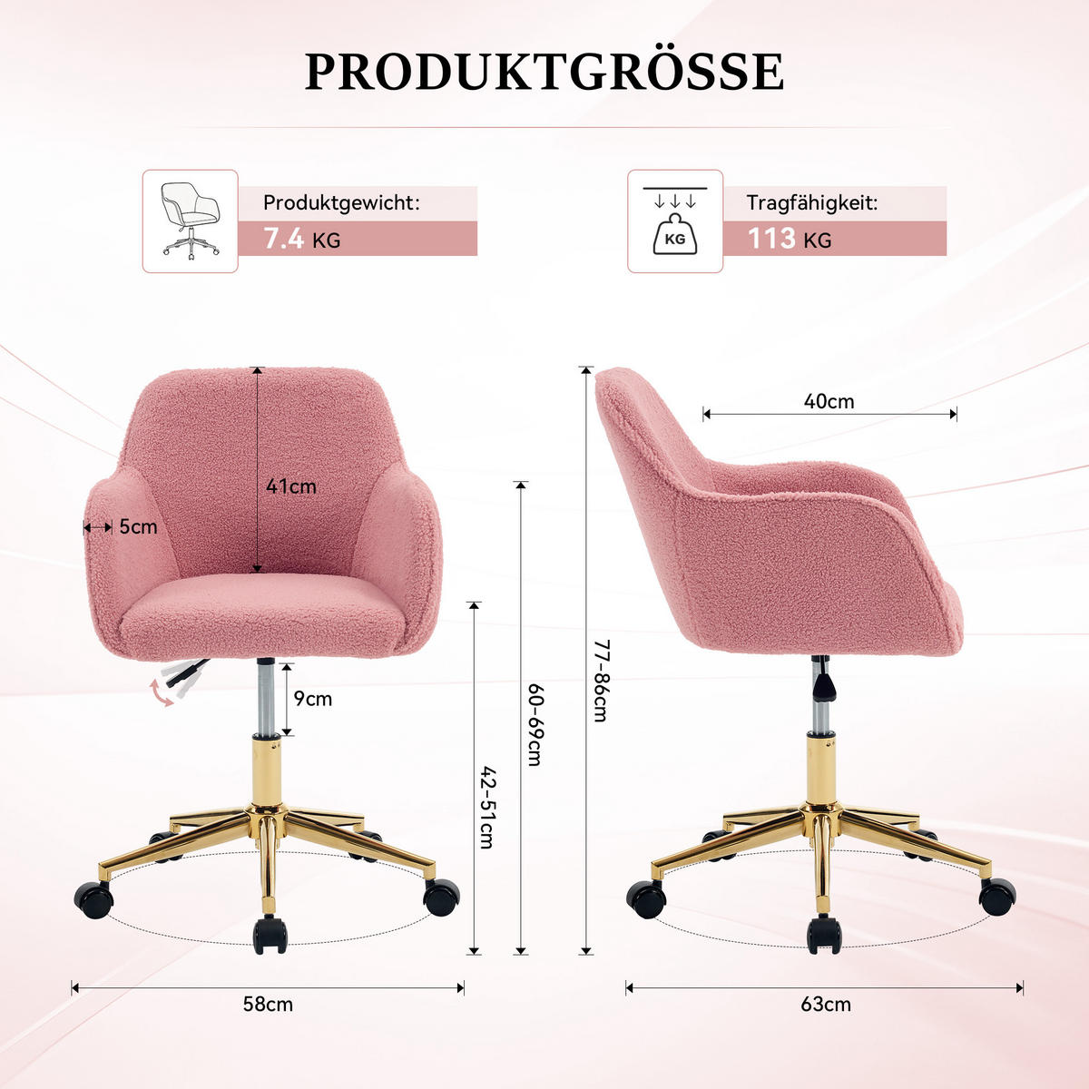DREHSTUHL 360° drehbar Rosa - Rosa, Naturmaterialien (58/86/58cm)
