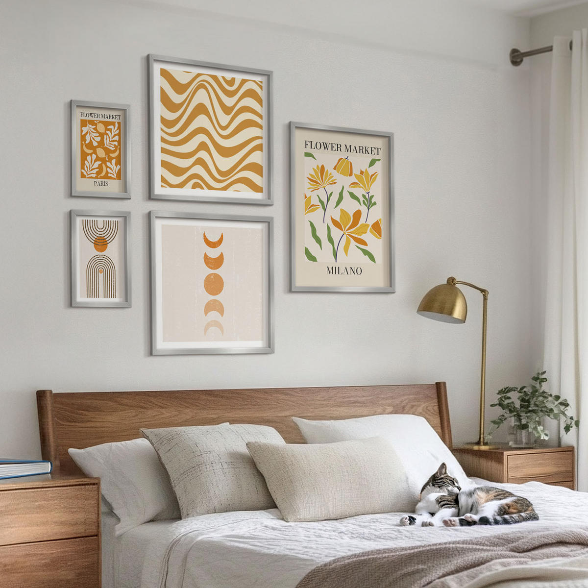 BILDER SET 5er Set - 50x50 cm & 20x30 cm & 40x60 cm Silberner Rahmen - Geometrische Pflanzenmuster - Silberfarben, Kunststoff (40/60cm) - TULUP