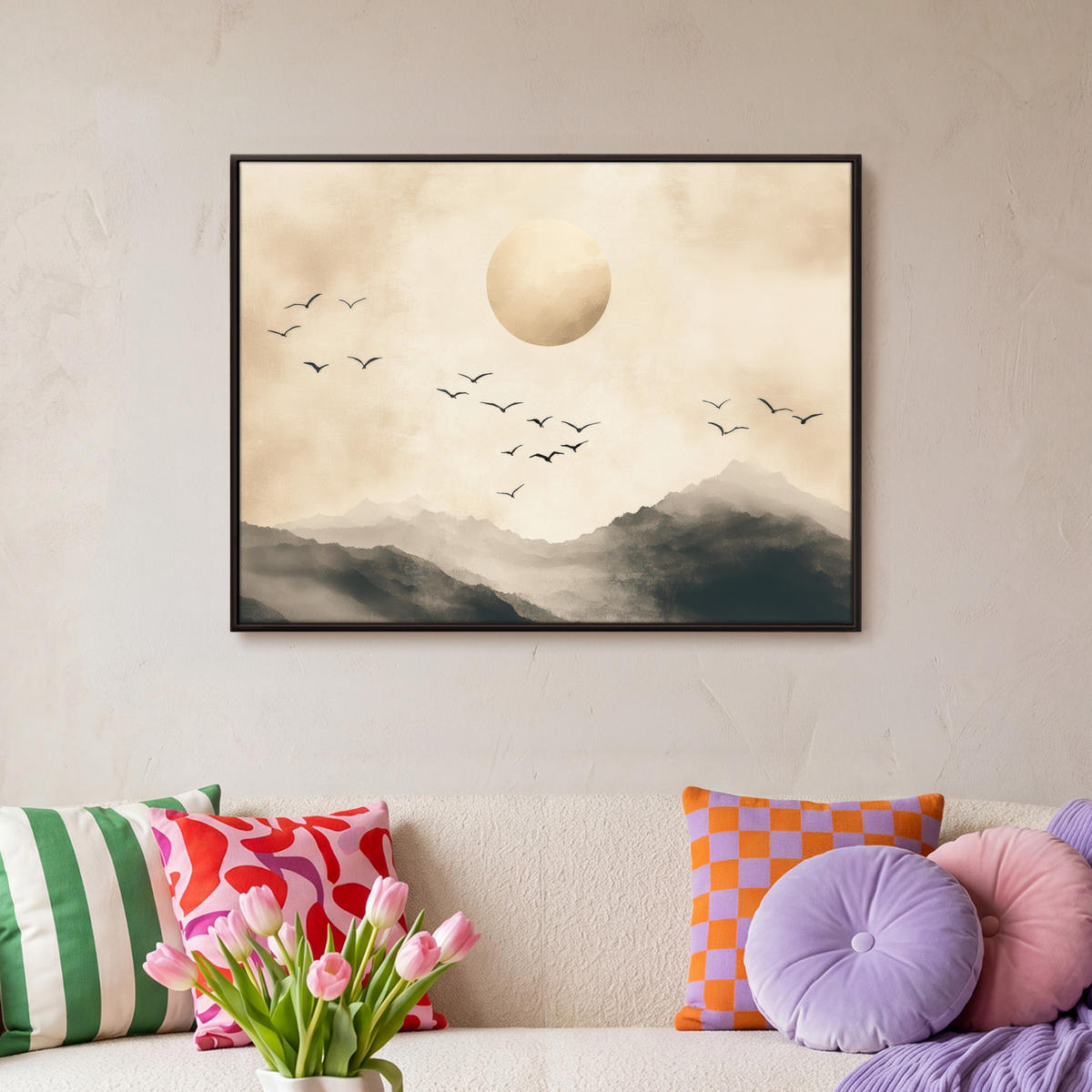 LEINWAND Bilder mit Rahmen - Landschaft - Japandi - Vogel - 70x50 - Beige, Textil (70/50cm) - MuchoWow