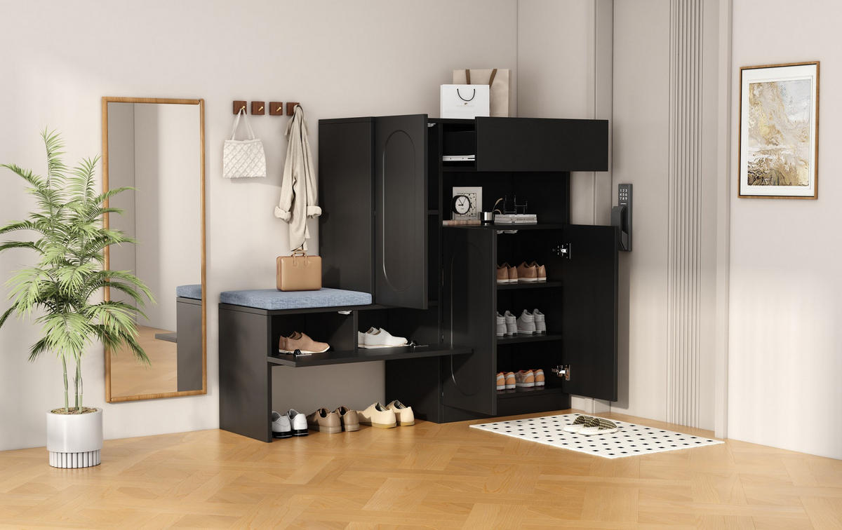 SCHUHSCHRANK 130/110/35 cm Schwarz aus Spanplatte mit Sitzbank - Schwarz, Holzwerkstoff (130/110/35cm) - OKMYHOME