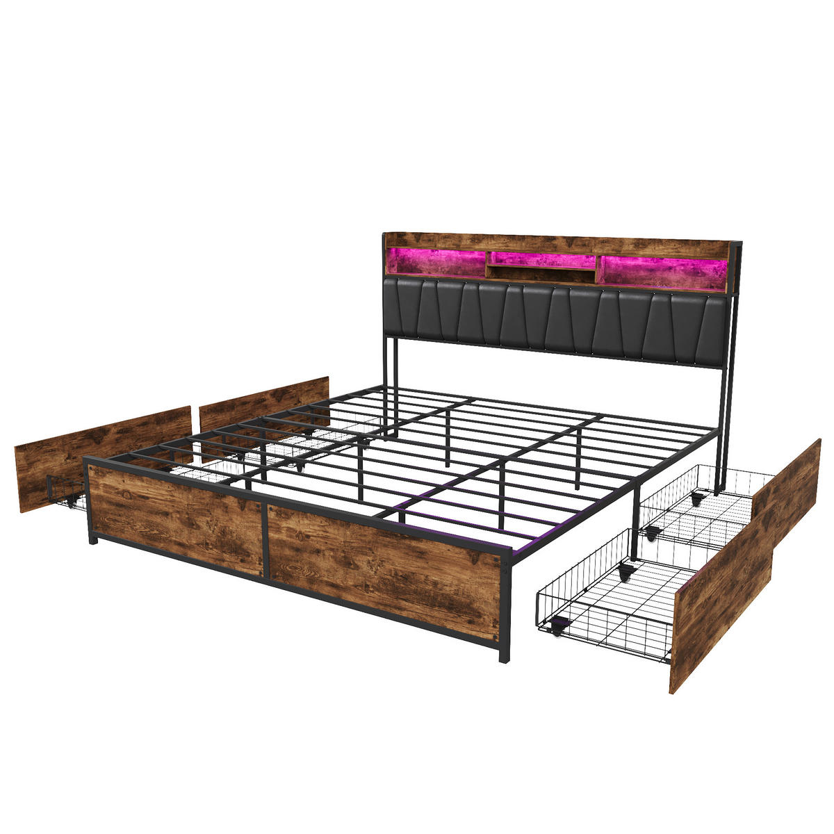POLSTERBETT 180x200 cm Schwarz mit LED, USB-C & 4 Schubladen - Schwarz, Holz (180/200cm)
