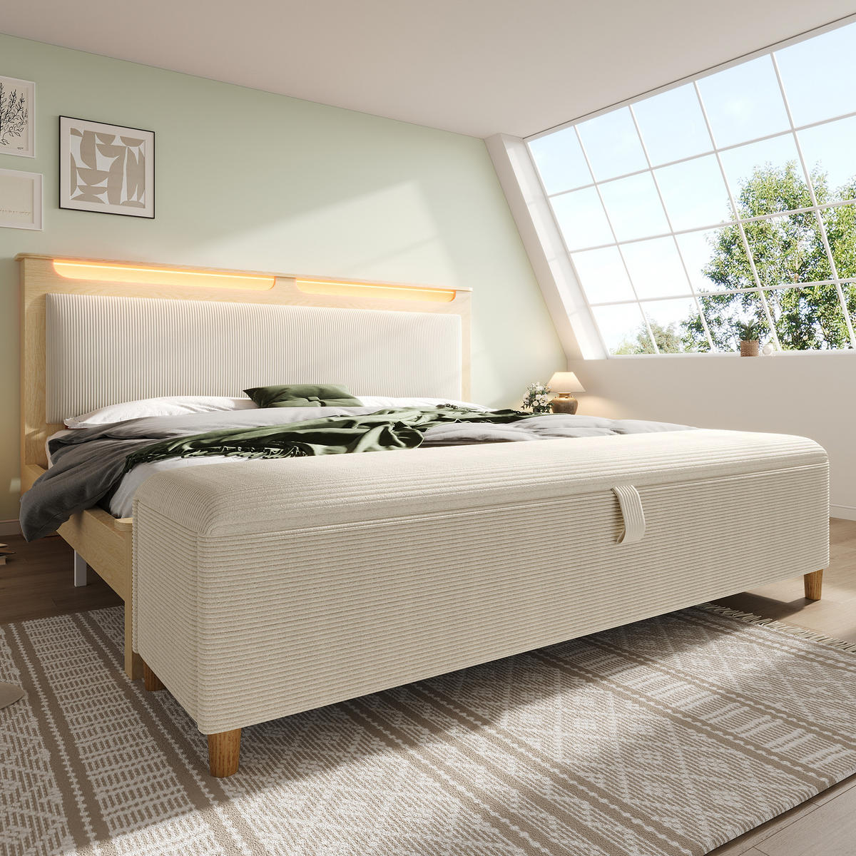 POLSTERBETT 140/200 cm mit LED-Beleuchtung, Bettbank mit Stauraum und Kopfteilregal,und Matratze, Beige - Beige, Textil (140/200cm) - Redom