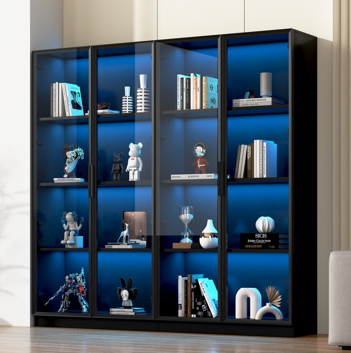 VITRINENSCHRANK mit LED-Beleuchtung 4-türig Schwarz mit Glastüren - Schwarz, Holzwerkstoff (40/160/160cm) - Beauniv