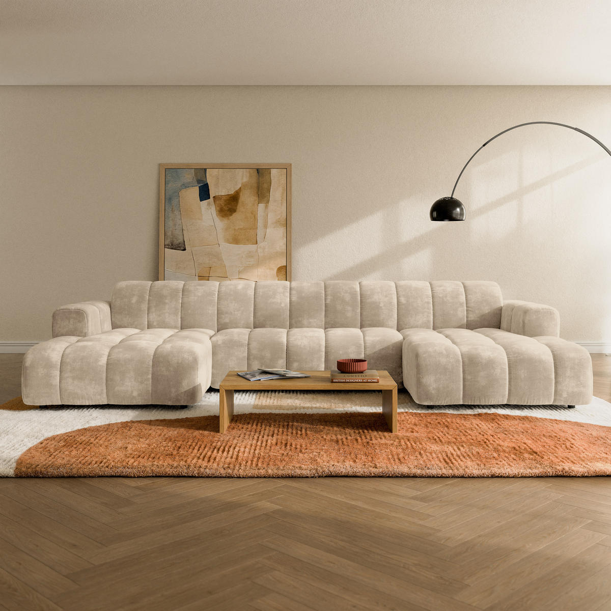 WOHNLANDSCHAFT AENIS Creme Chenille - Creme, Holz (398/85/165cm) - MASSENO