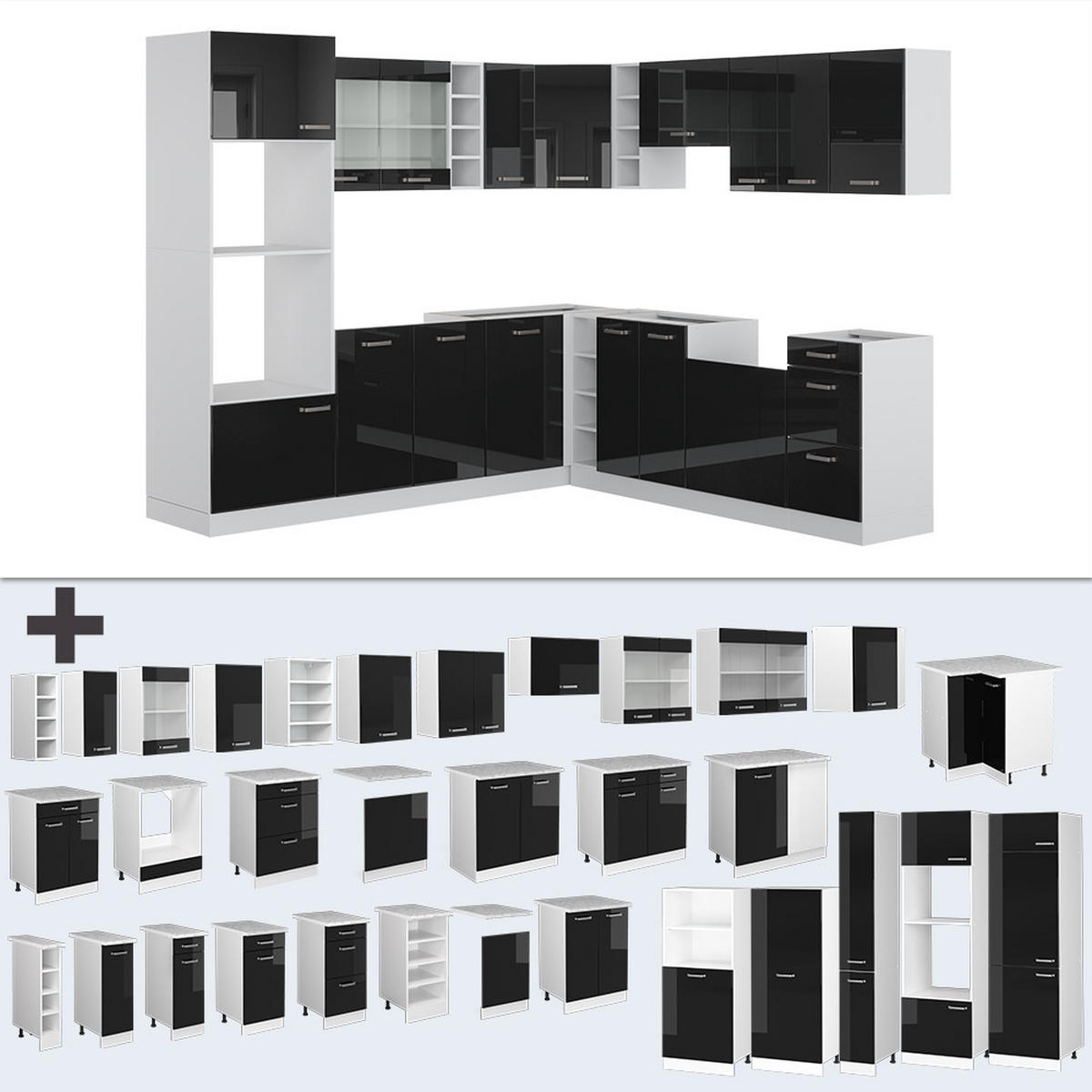 ECKKÜCHE IN L-FORM R-Line Schwarz Hochglanz/Weiß 237 x 247 cm AP Eiche - Schwarz Hochglanz/Weiß, Holzwerkstoff (247/81.6/60cm) - Vicco