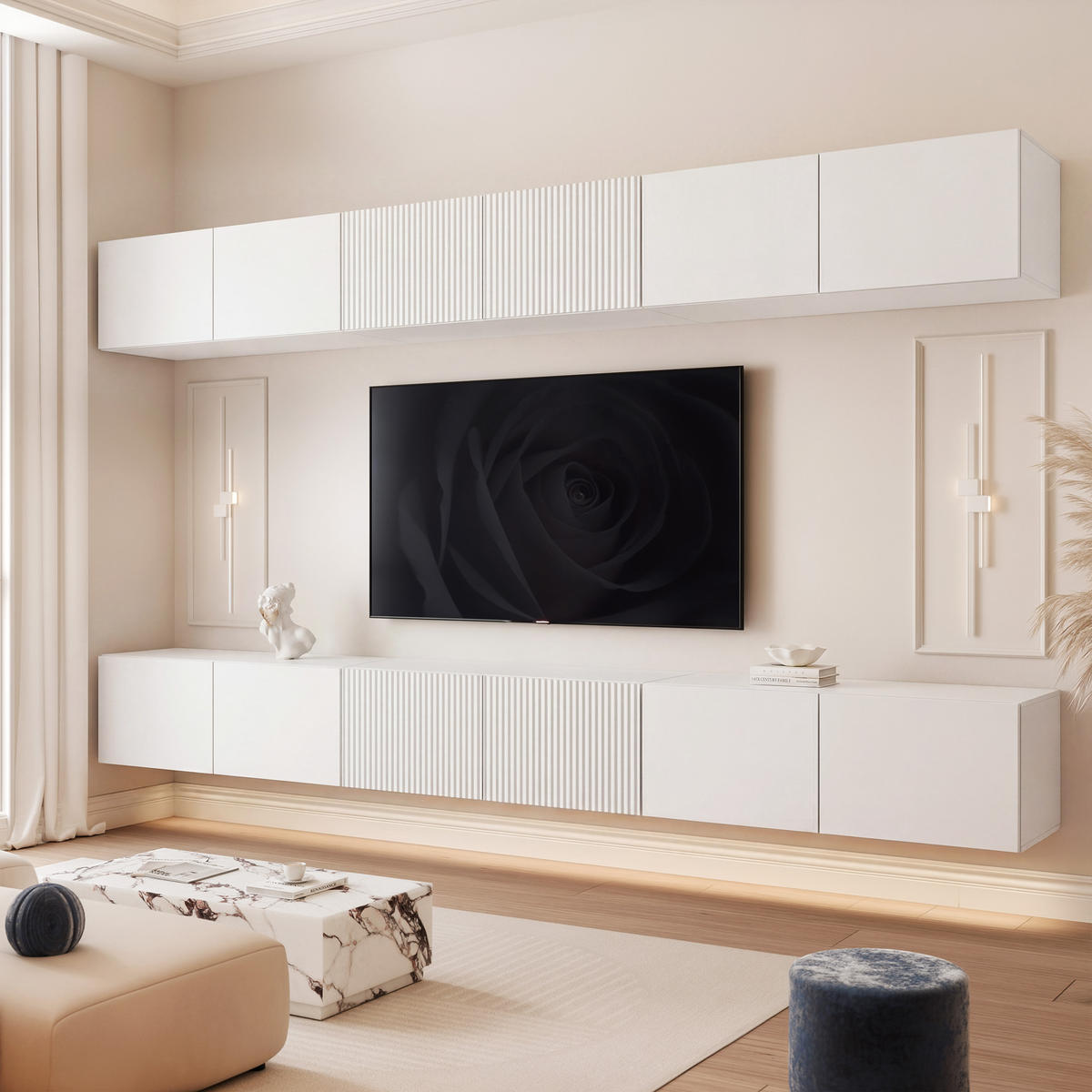 TV-LOWBOARD ANGEL X mit LED-Beleuchtung, 300 cm Weiß matt - Weiß, Holzwerkstoff (300/72/40cm) - Idohome