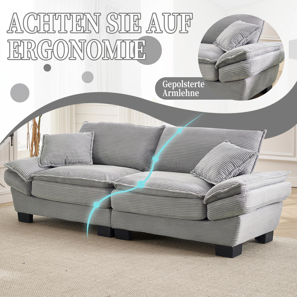 2-SITZER Sofa Samt mit extra tiefem Sitz und Kissen 224/81/81 cm Hellgrau - Hellgrau, Textil (81/224/81cm) - Redom