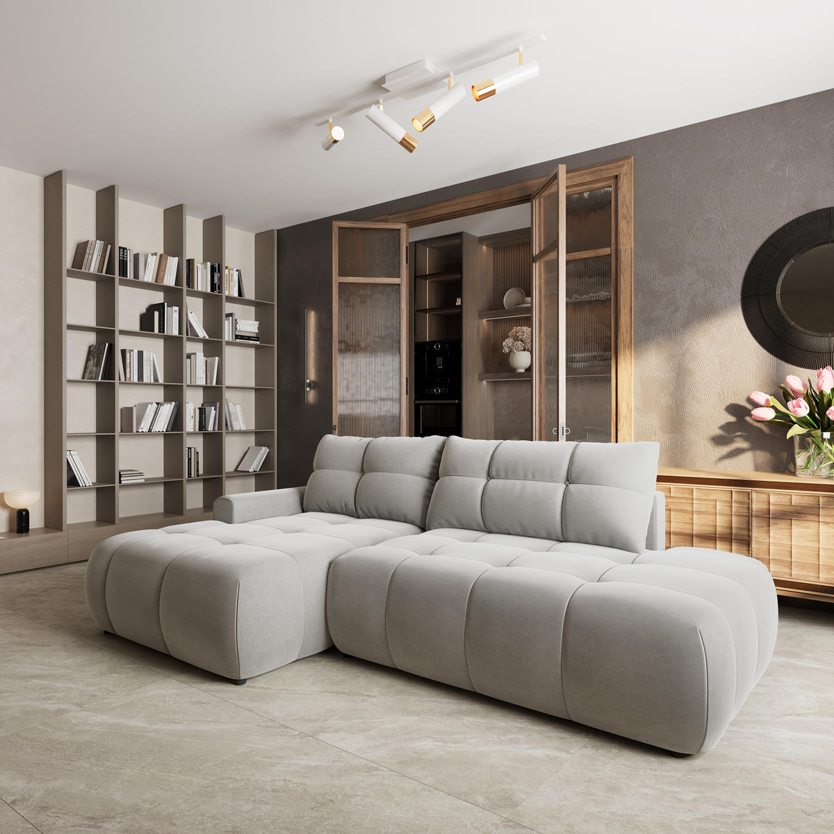 ECKSOFA FLUMA CL L-S Hellgrau Samtstoff mit Schlaffunktion - Hellgrau, Holzwerkstoff/Textil (279/158cm) - MASSENO