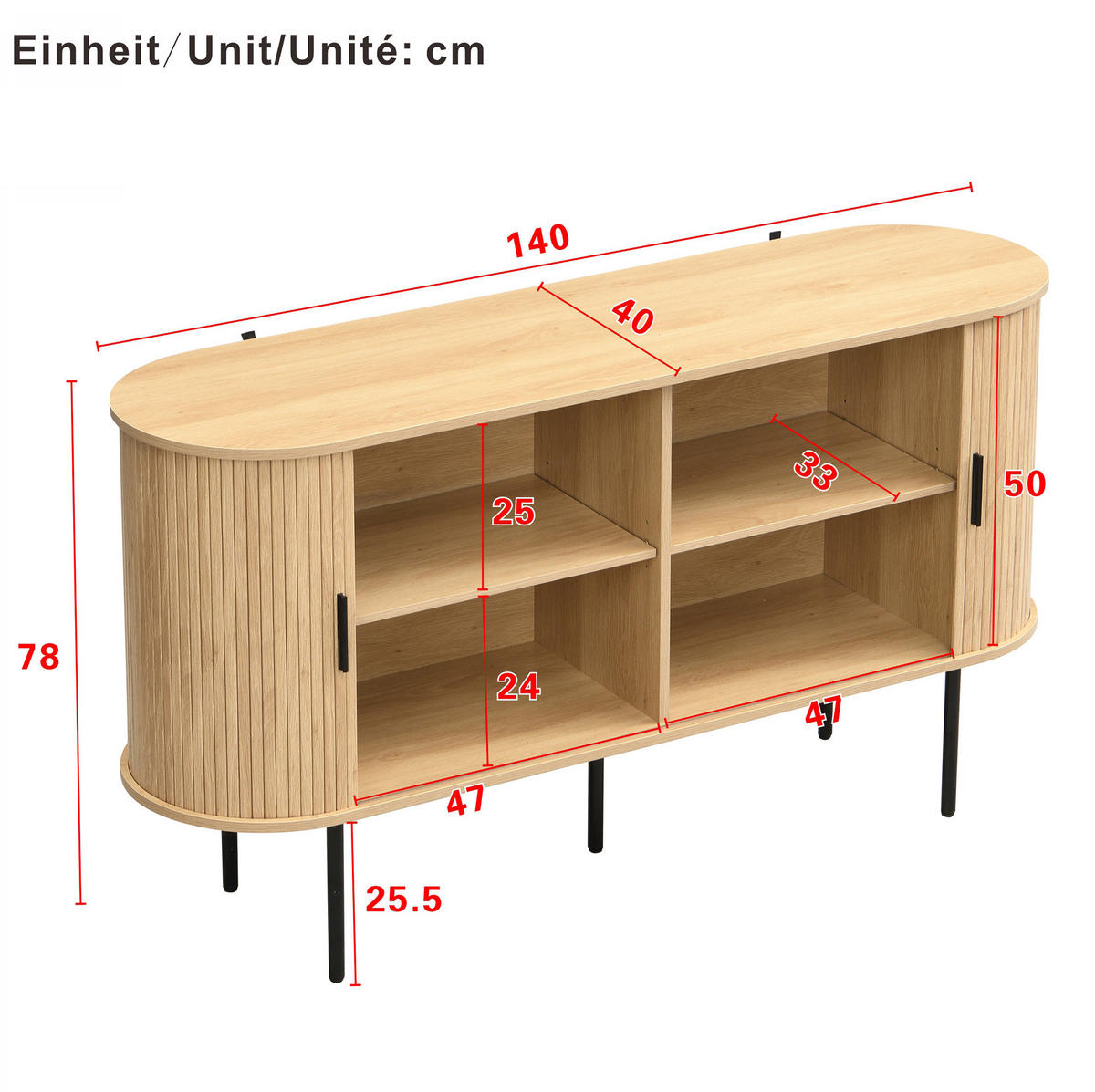 KOMMODE aus MDF 140x40x78cm in Natur mit Rolltür - Naturfarben, Holzwerkstoff (140/78/40cm) - Modfu