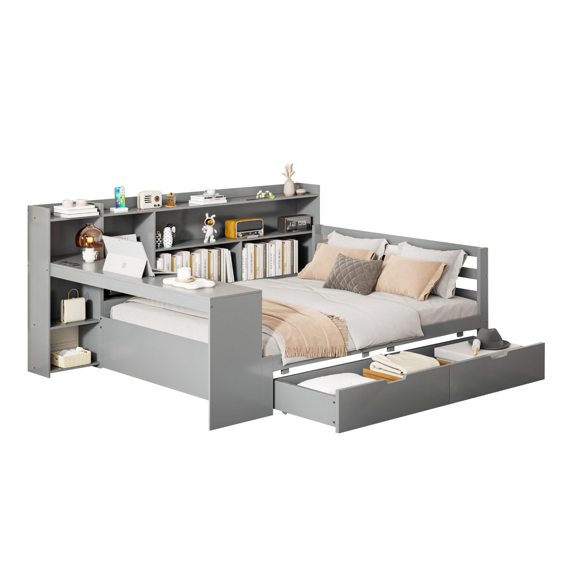 SCHLAFSOFA 140/200 cm mit Schreibtisch, Regalen, 2 Schubladen und Steckdose, Grau - Grau, Holz (165/100/245.5cm) - Redom