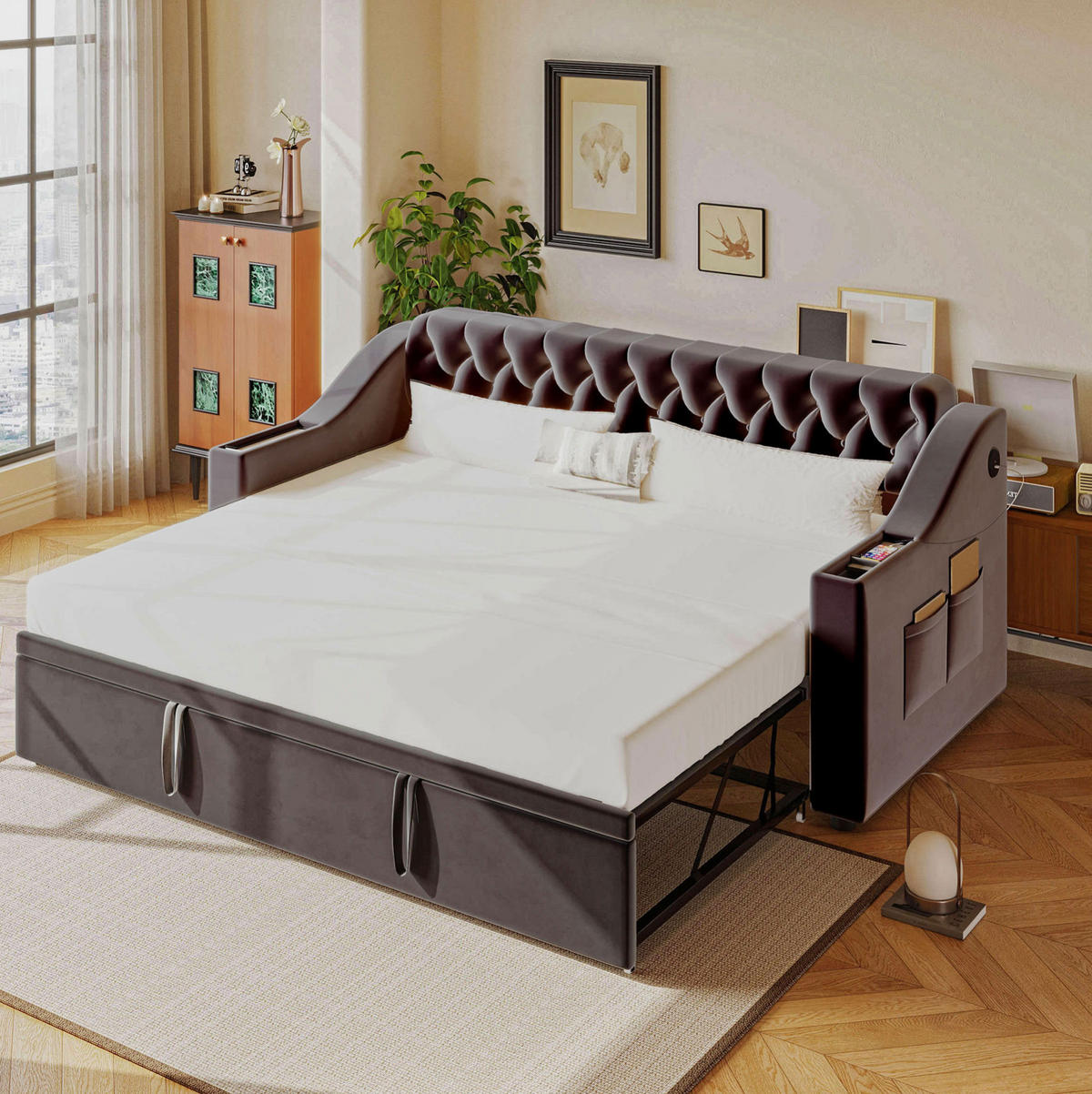 SCHLAFSOFA aus Samt 90x190/180x190 cm Grau mit USB- und Typ-C-Anschluss, Stauraum und Lattenrost - Dunkelgrau, Textil (90/190cm) - IVMEU