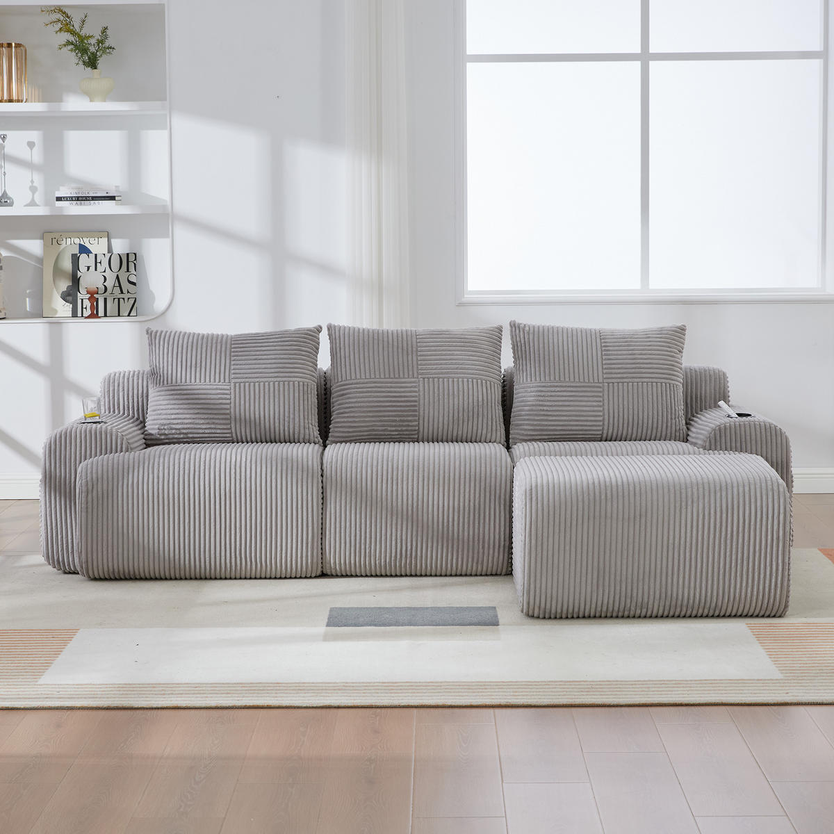MODULARES 3-Sitzer Sofa Cordstoff mit Getränkehalter und Seitentasche 268/174/80 cm Hellgrau - Hellgrau, Textil (174/268cm) - Redom