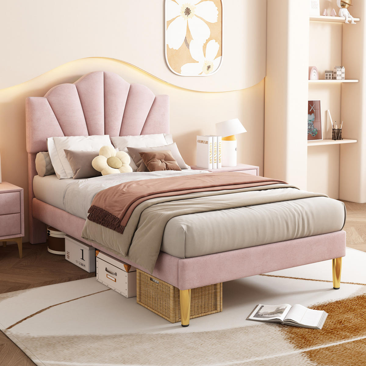 POLSTERBETT 90/200 cm in Rosa mit Samtbezug und höhenverstellbarem Kopfteil - Rosa, Textil (90/200cm) - BEAOK