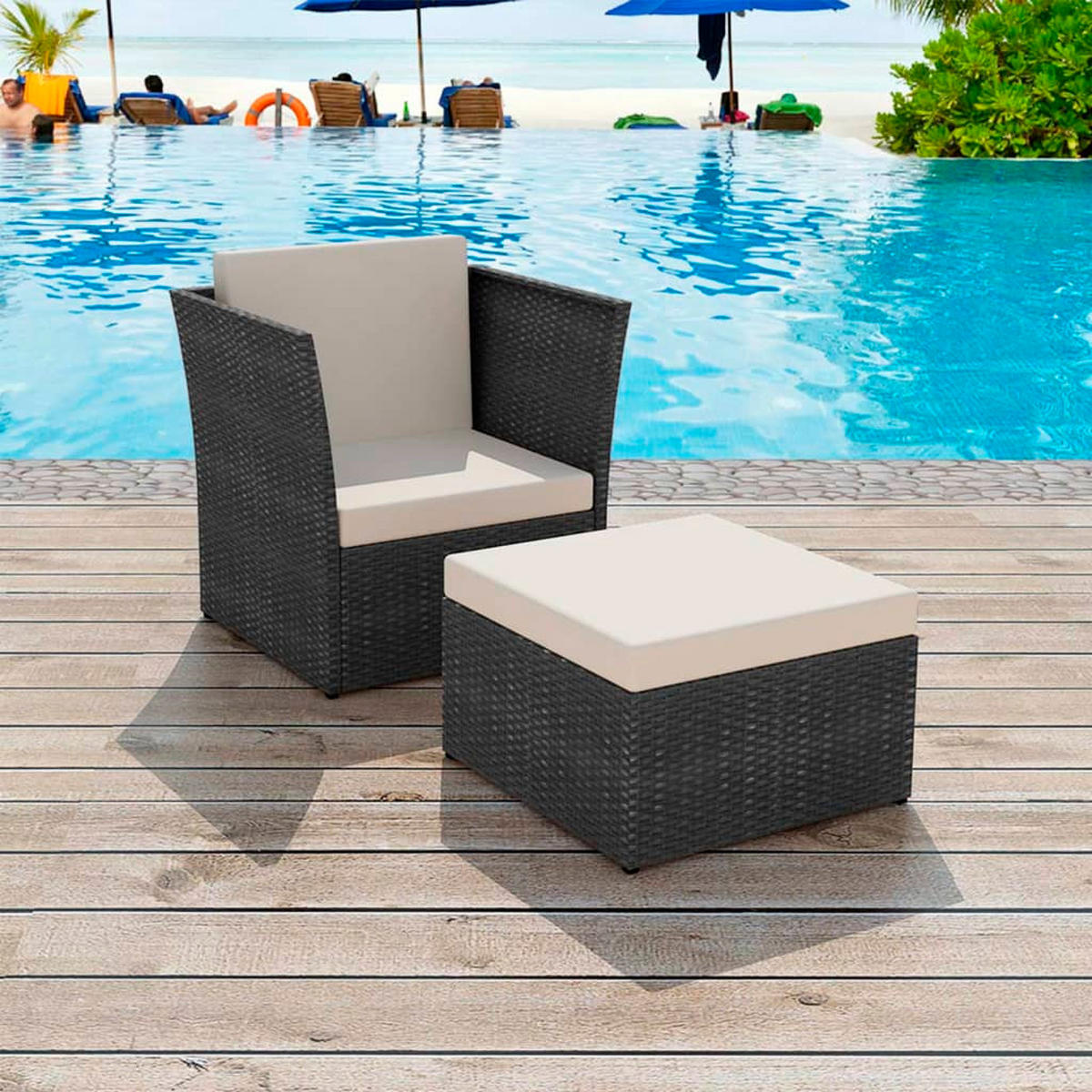 GARTENSESSEL mit Fußhocker Poly Rattan Schwarz - Schwarz, Holz (77/73/77cm) - furnicato