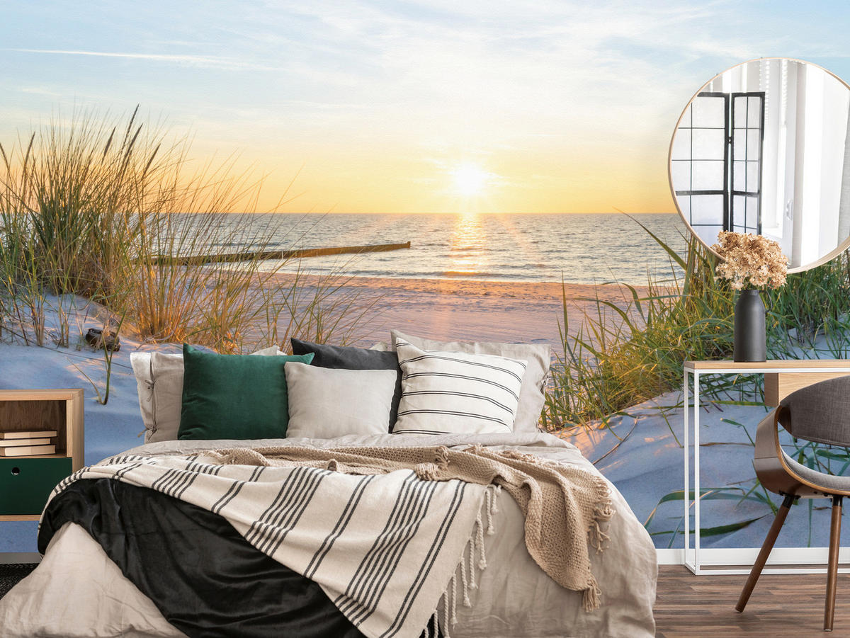 FOTOTAPETE Strand Meer Sonnenuntergang Landschaft 3D 450x315 - Blau/Gelb, Papier (450/315cm) - Muralo