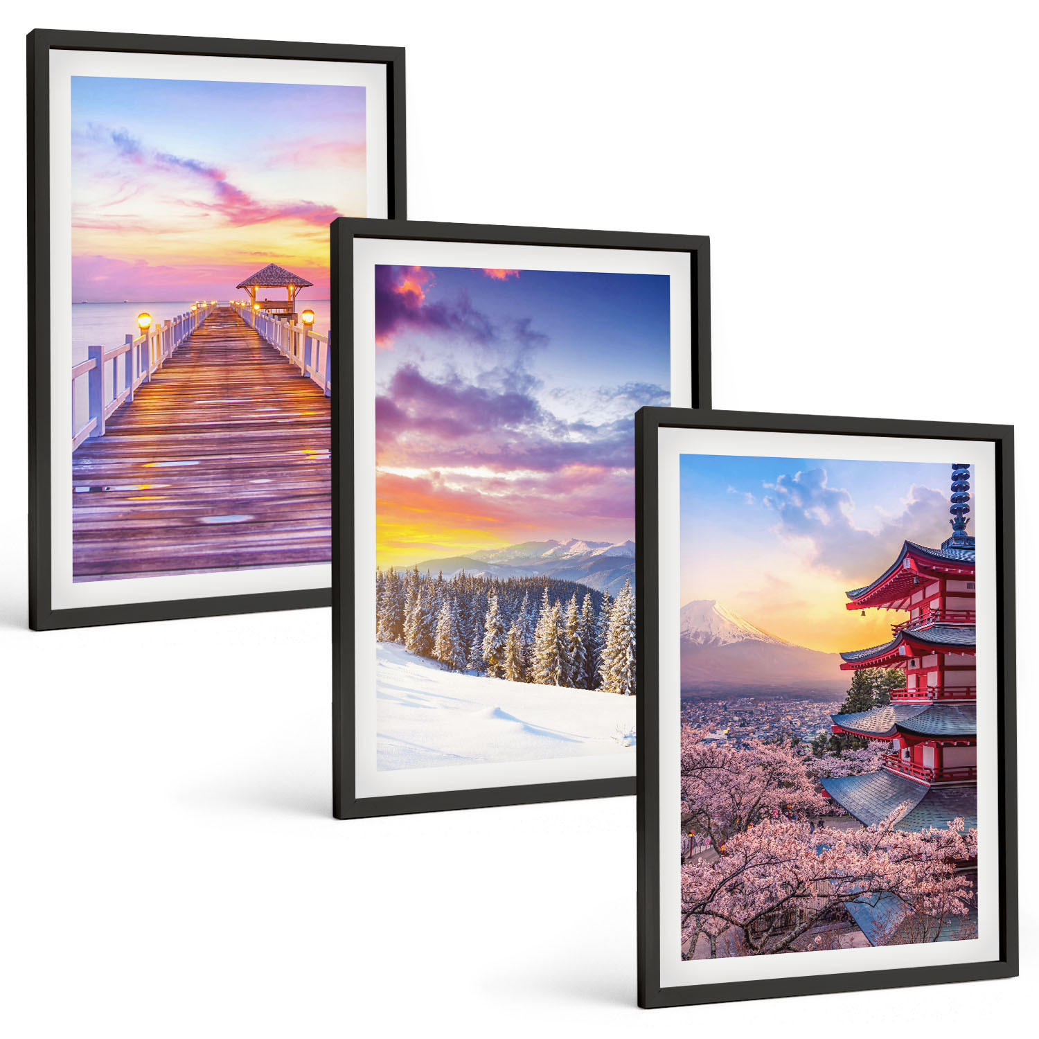 BILDER SET 3er Set - 40x60 cm Schwarzer Rahmen - Romantische Himmelslandschaften - Schwarz, Kunststoff (40/60cm) - TULUP