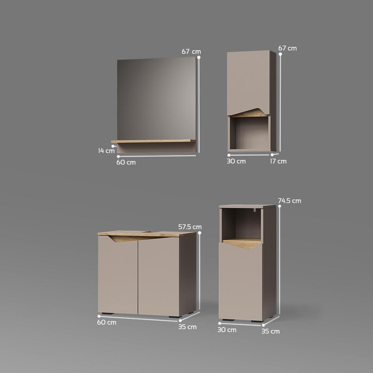 BADMÖBEL-KOMBINATION Timavo Greige 4 Teile - Greige/Eiche Artisan, Holzwerkstoff (60/57/35cm) - Livinity®