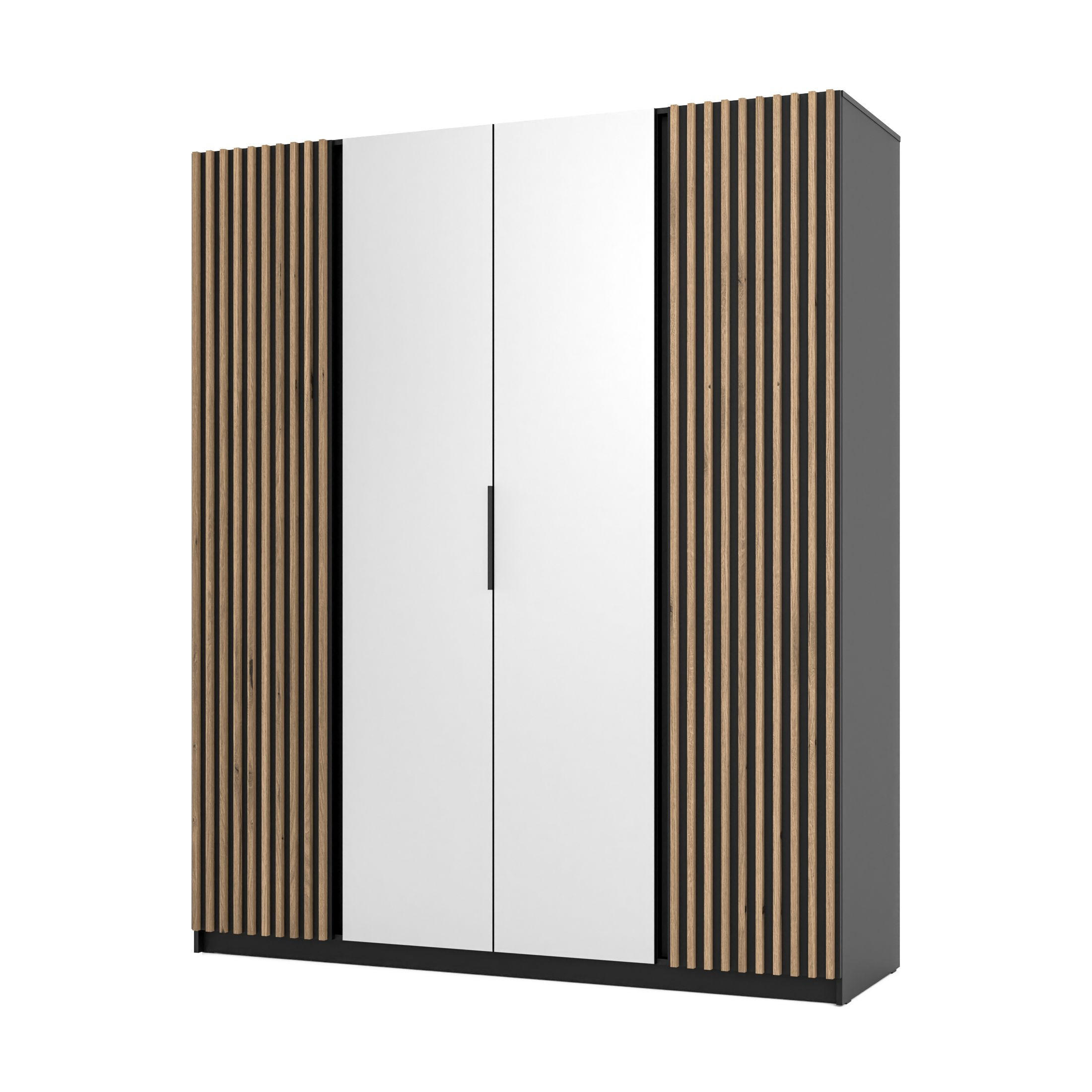 DREHTÜRENSCHRANK CAGLIARI 200/239/61,9cm 4-türig mit Spiegel Schwarz - Schwarz, Holzwerkstoff (200/239/61.9cm) - MASSENO