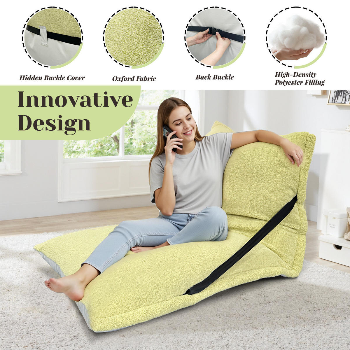 SITZSACK mit Befestigungsgurt Grün - Hellgrau/Grün, Textil (95/80/95cm) - Vercart