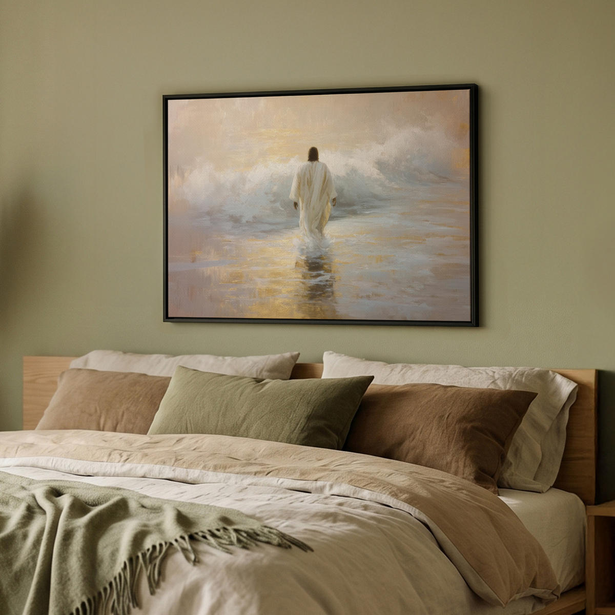 LEINWAND Bilder mit Rahmen - Gemälde - Welle - Jesus - Abstrakt - 80x60 - Goldfarben, Textil (80/60cm) - MuchoWow