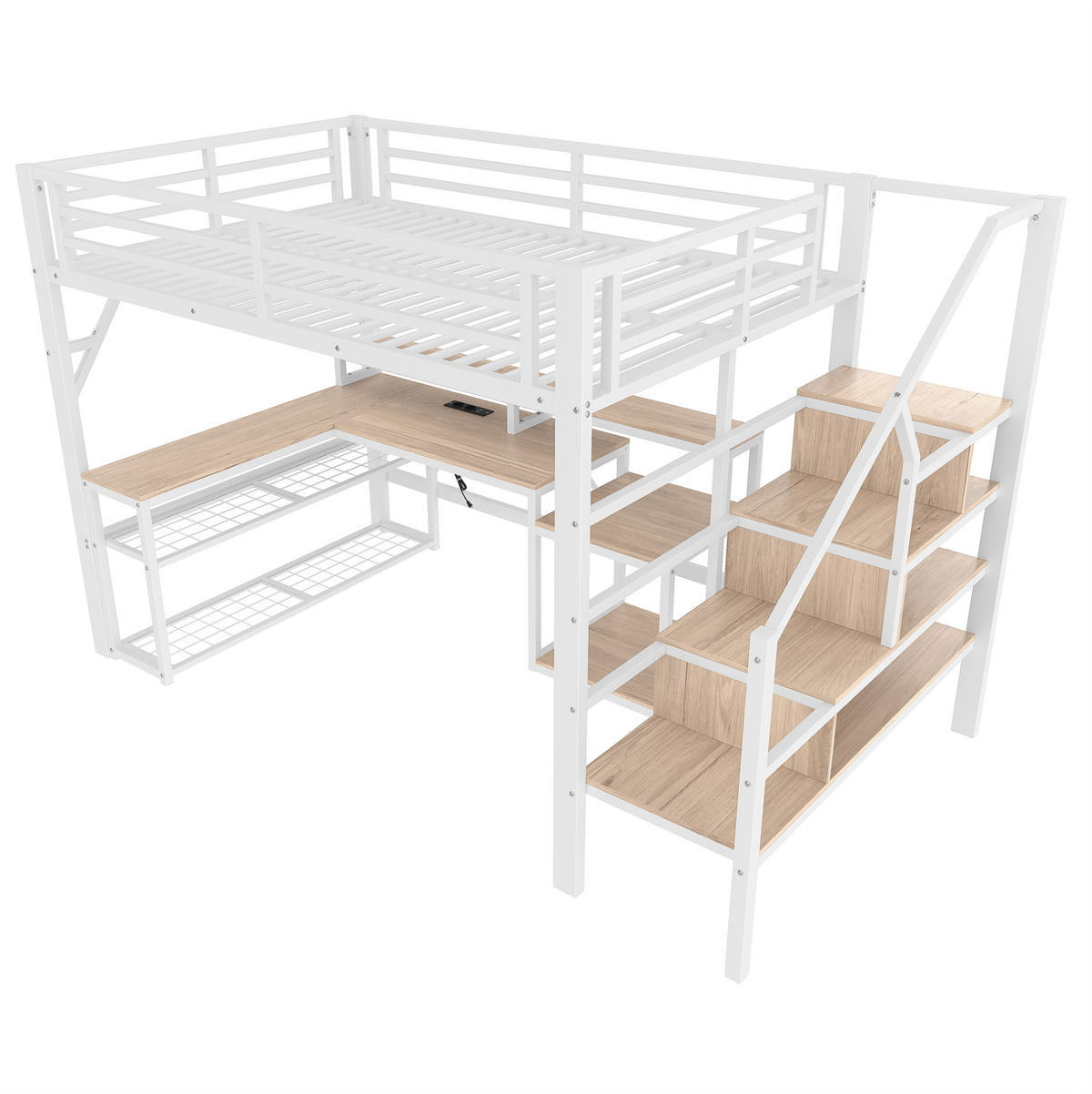 HOCHBETT 140/200 cm in Weiß mit Schreibtisch und LED-Beleuchtung - Weiß, Metall (140/200cm) - Flora Grace