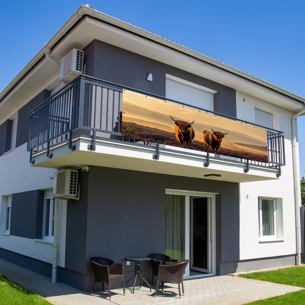BALKON-SICHTSCHUTZ Schottische Hochlandbewohner - Heide - Landschaft - Tiere - Cognac, Kunststoff (300/85cm) - MuchoWow