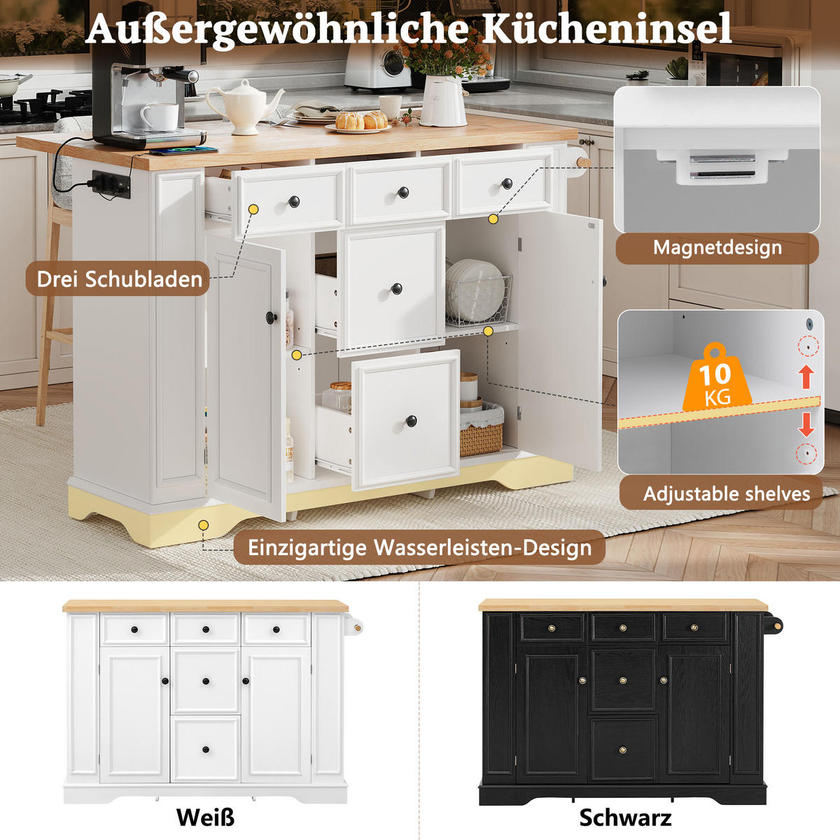 KÜCHENINSEL 130.5/65/92 cm Weiß mit 5 Schubladen, verstellbaren Einlegeböden und Steckdosenleisten - Weiß, Holz/Holzwerkstoff (130.5/92/40cm) - Oxeza