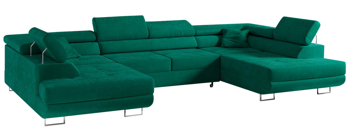 WOHNLANDSCHAFT GUSTAW U Grün Velvet - Silberfarben/Grün, Textil/Metall (340/55/205cm) - MKS