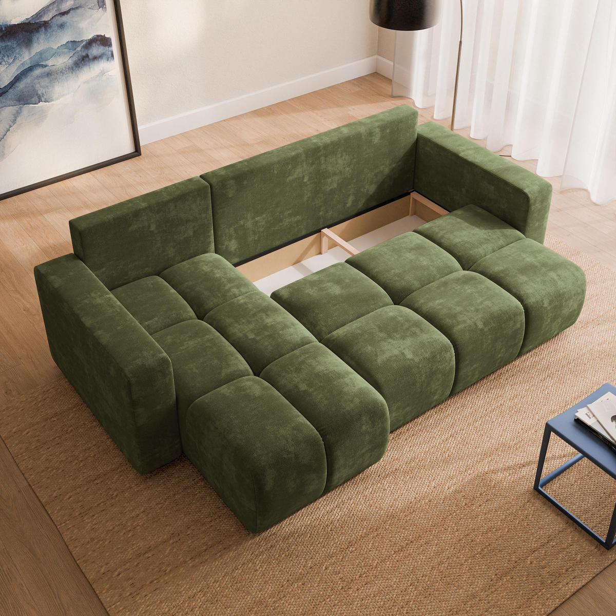 ECKSOFA RAMIL Grün Chenille mit Schlaffunktion - Grün, Holz (240/149cm) - MASSENO
