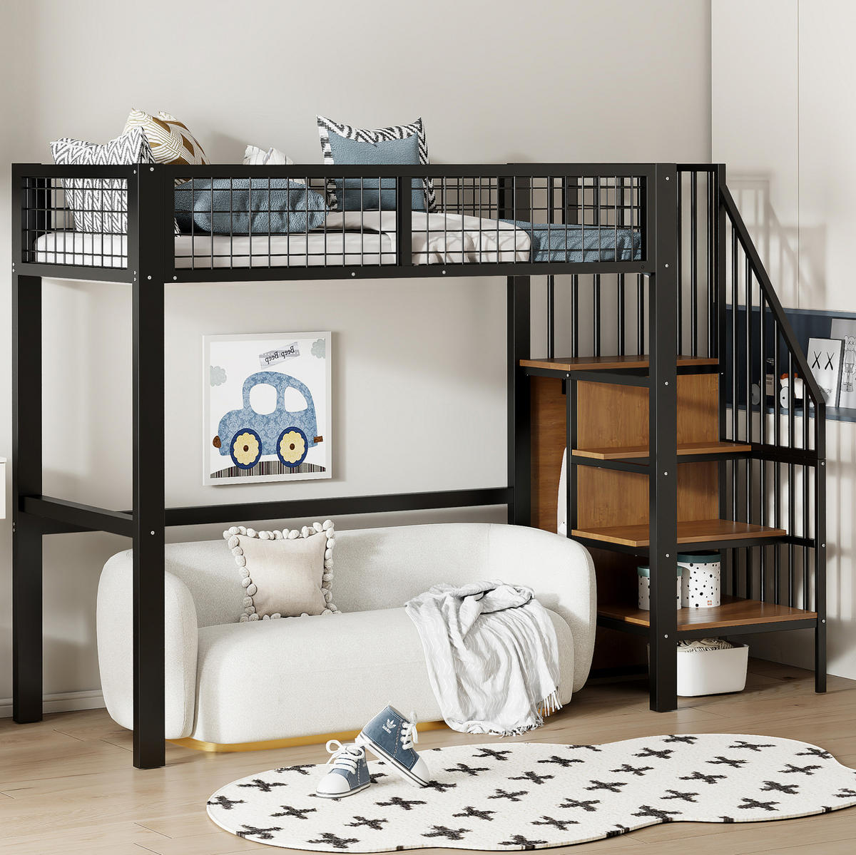 HOCHBETT 90/200 cm aus Metall mit Leiter und Kleiderschrank Schwarz - Schwarz, Metall (90/200cm) - Modenvie