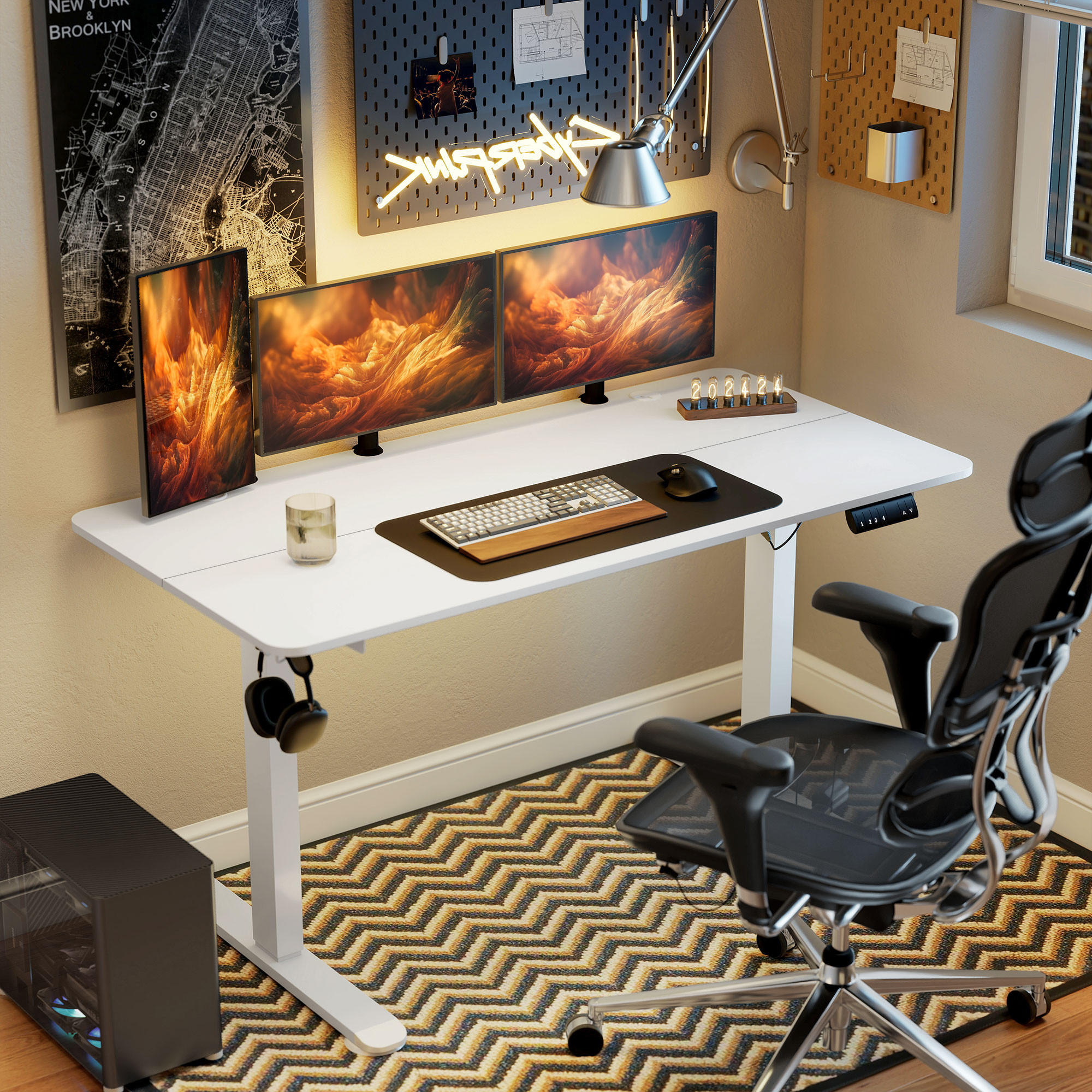 HÖHENVERSTELLBARER Schreibtisch 140 x 70cm Elektrisch Computertisch mit Haken - Weiß, Kunststoff (140/70/116cm) - Vinsetto