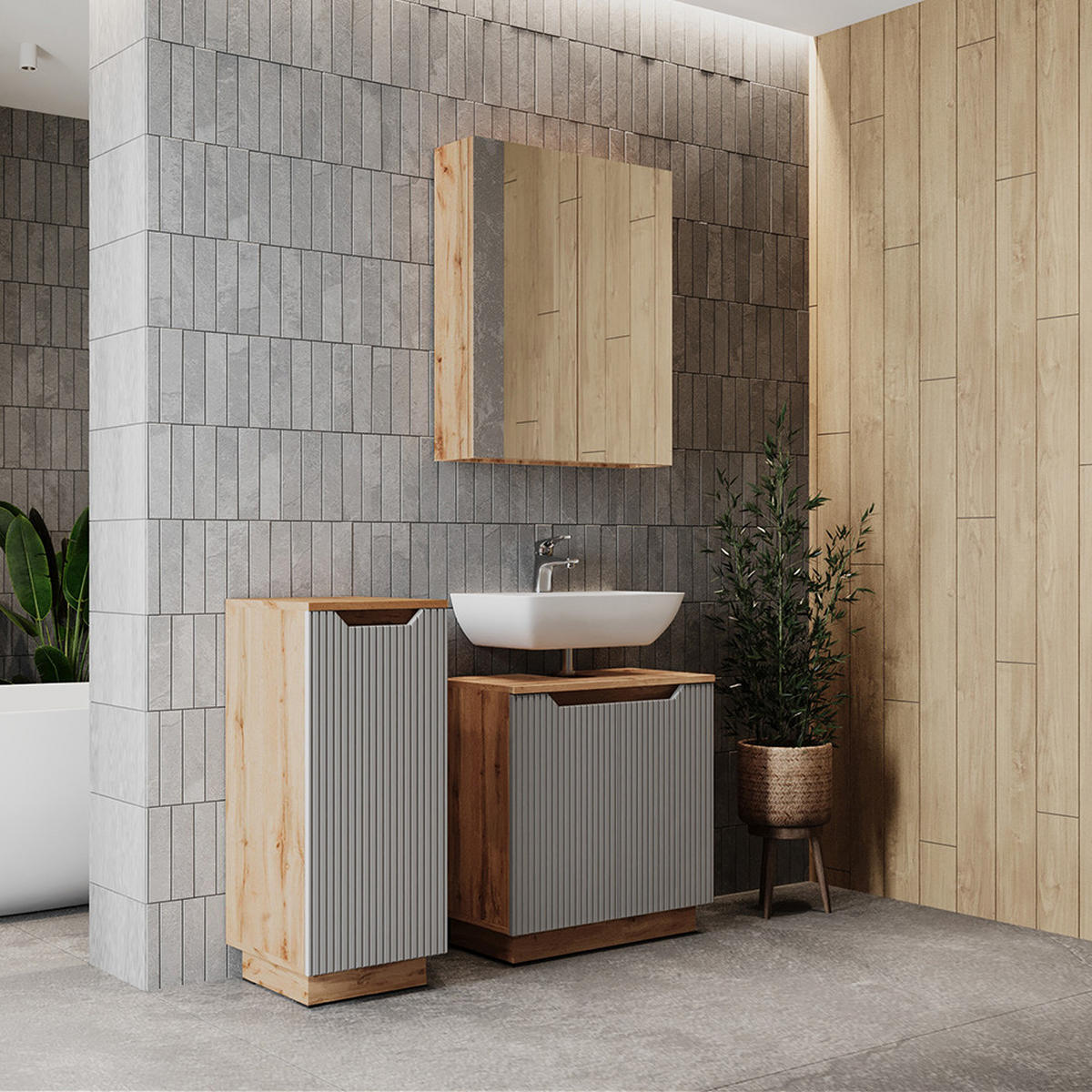 BADMÖBEL-SET Lotta Eiche/grau gestreift 3 Teile - Grau, Holzwerkstoff (59.8/62.1/32cm) - Vicco