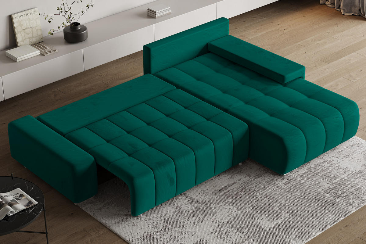 ECKSOFA ALESE R-S Grün Velours-Stoff mit Schlaffunktion - Grün, Holz (265/185cm) - MASSENO