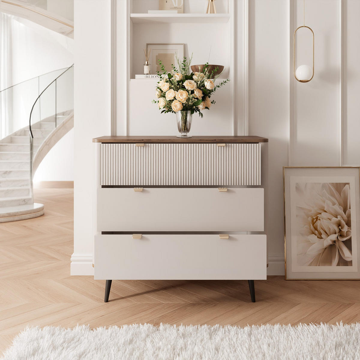 KOMMODE NAVANI 90 cm, 3 Schublade(n) Kaschmir / Nussbaum - Nussbaumfarben, Holzwerkstoff/Metall (90/82/40cm) - Idohome