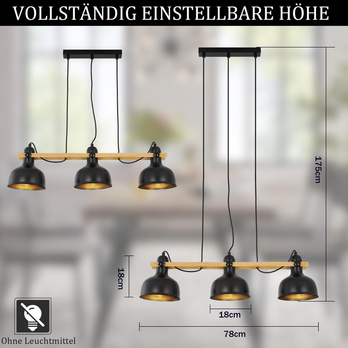 HÄNGELEUCHTE Thilo 3-flammig 78/18/175 cm - Schwarz, Metall (78/18/175cm) - Nettlife