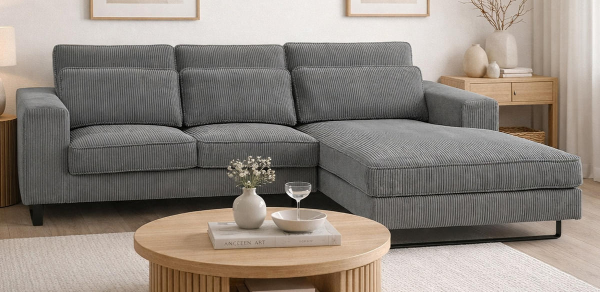SOFA grau Cord 276 cm, Ecksofa 4-Sitzer, L-Sofa Ottomane rechts - Schwarz/Grau, Holz/Textil (276/183cm) - Inn.Furn