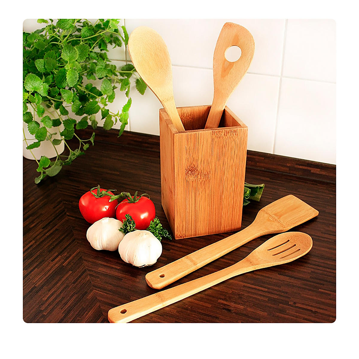 KOCHLÖFFELSET Natur Bambus 5-tlg. mit Halter - Hellbraun, Holz - Relaxdays