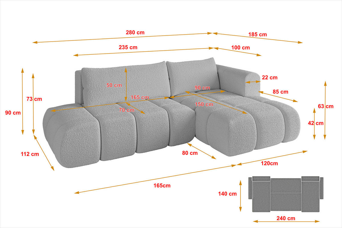 ECKSOFA Ottomane Rechts CLOUD-L 280x185x90 Hellgrau Bouclé - Hellgrau, Holzwerkstoff/Kunststoff (185/280cm) - ALTDECOR
