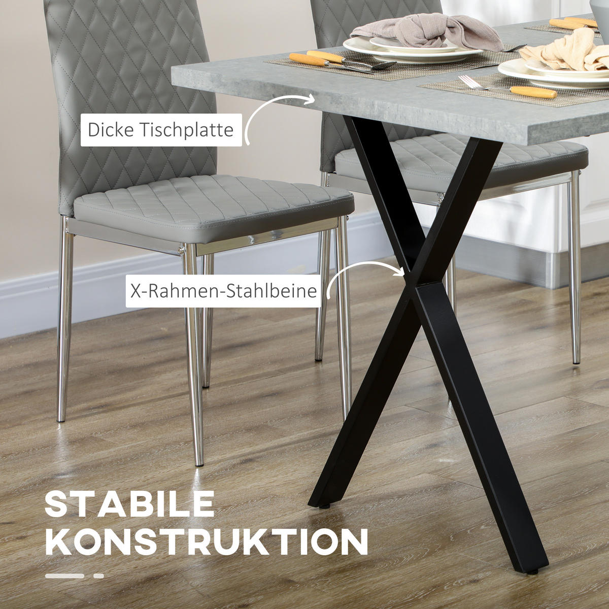 ESSTISCH, MDF, Stahl, Grau - Grau, Kunststoff (140/80/76cm) - HOMCOM