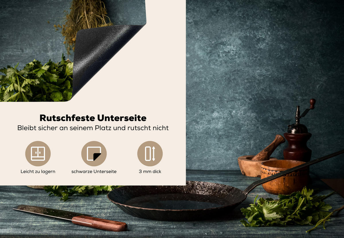 HERDABDECKPLATTE Kräuter - Gewürze - Pfanne - Messer - Grau - Rustikal 75x52 cm - Petrol, Kunststoff (75/0.2/52cm) - MuchoWow