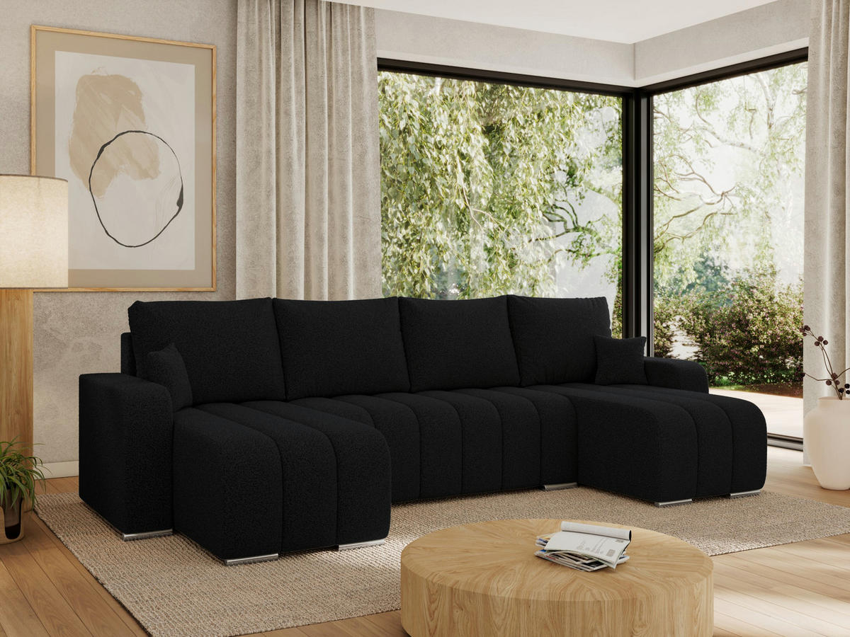 WOHNLANDSCHAFT KIRASSO U Schwarz Boucle - Schwarz/Grau, Textil/Metall (320/86/147cm) - MKS