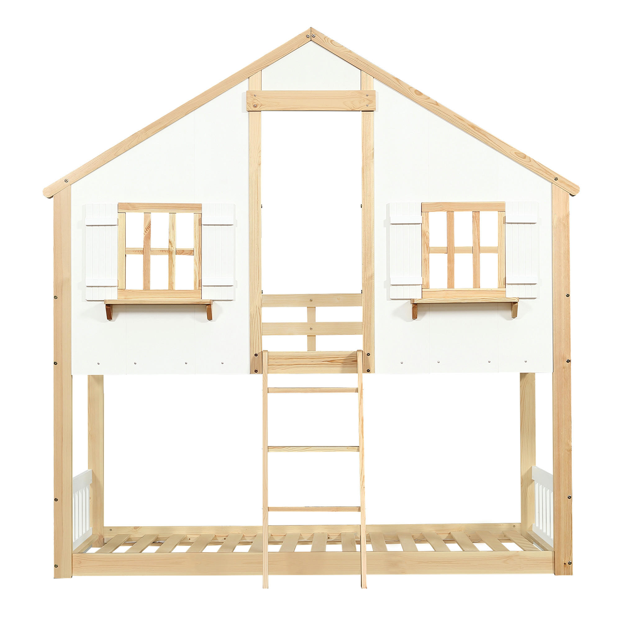 KINDERBETT Weiß+Natur Liegefläche 90/200 cm, Etagenbett, Fenster- und Dachdesign, Sicherheitsgeländer - Weiß, Holz (90/200cm) - PANGIVO
