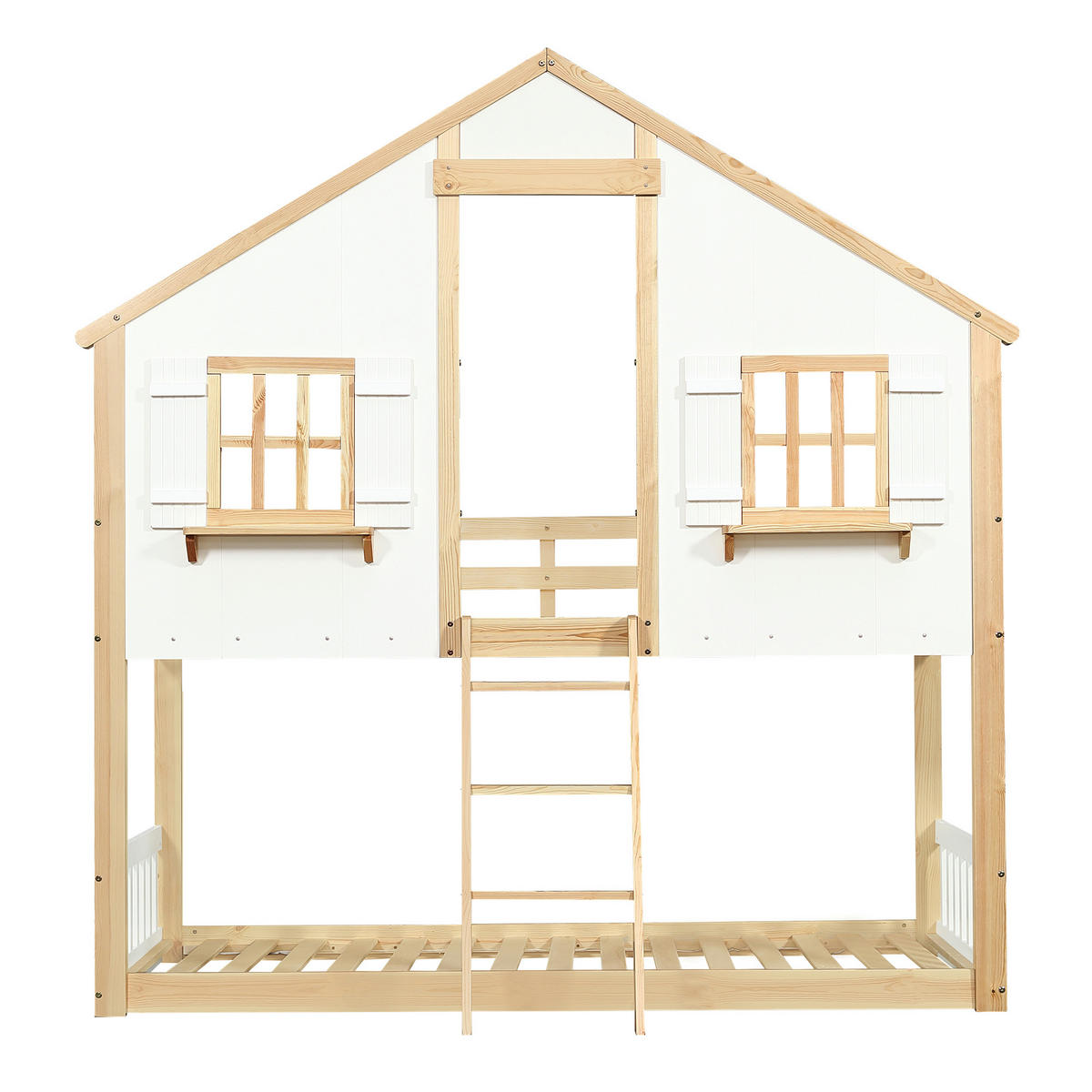 ETAGENBETT 90/200 cm Weiß+Natur mit Schrägleiter und Sicherheitsgeländern aus Kiefer und MDF - Weiß, Holzwerkstoff (90/200cm) - OKWISH