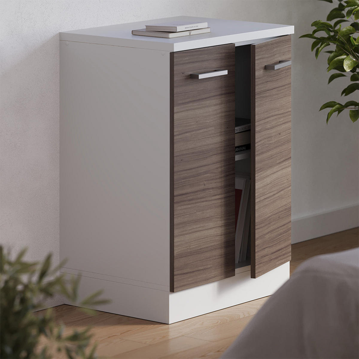 KUHINJSKA OMARA ZA POŠEVNE STREHE R-Line, Žlahtna siva, 60 cm brez naklona z 2 vrati - siva/bela, leseni material (60/83.8/46cm) - Vicco