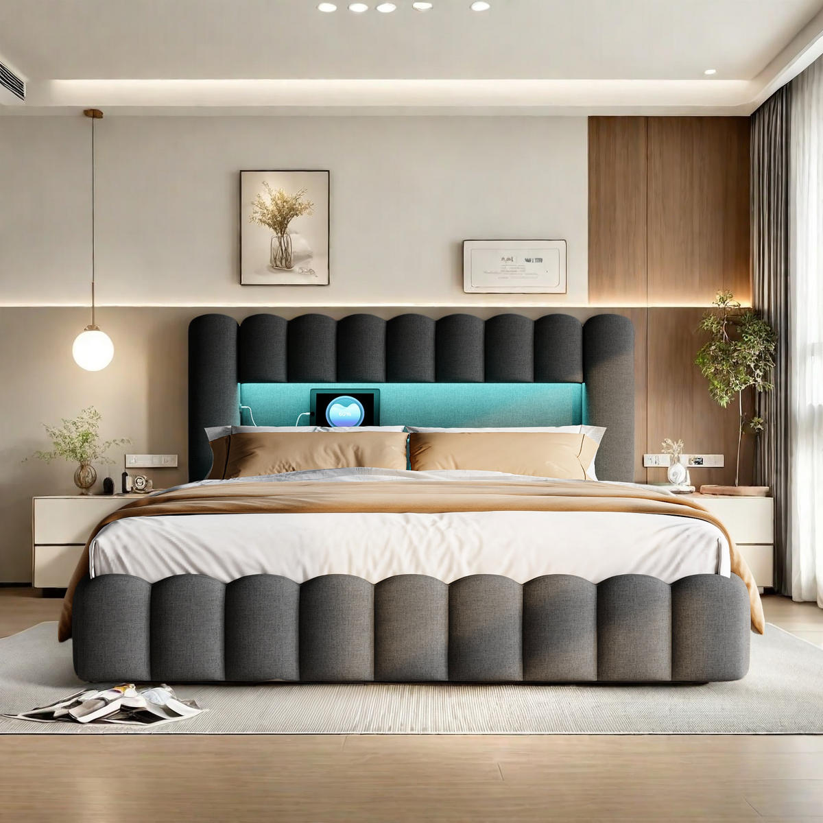 POLSTERBETT 140x200 cm LED Hydraulik Stauraum Lattenrost Leinen grau - Grau, Holz (140/200cm) - LEBENLANG