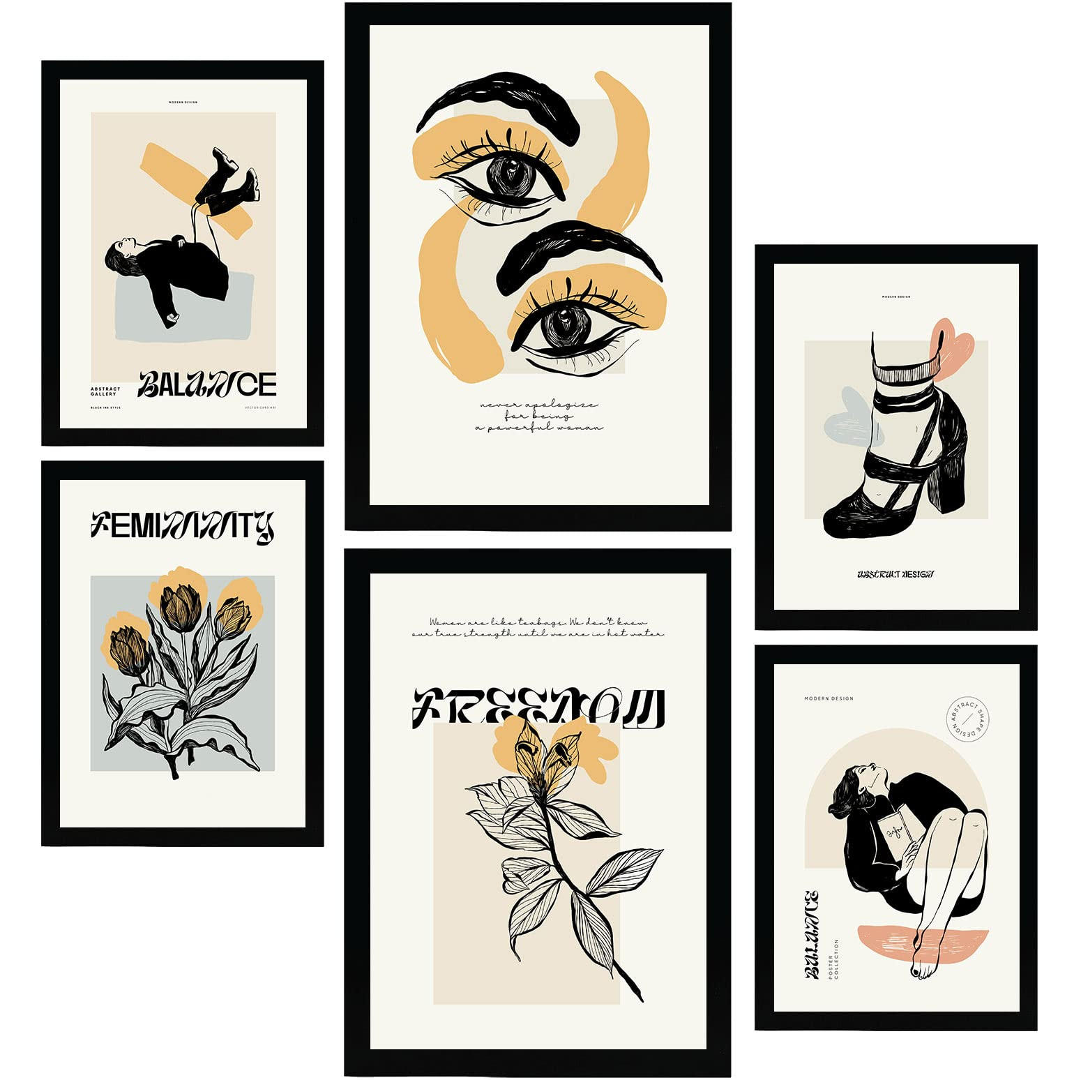 POSTER Set Mit 6 In Schwarzer Tinte Mächtig Kunstdrucke Im Skizzenstil Für Innenarchitektur A3 & A4 Schwarzer Rahmen - Schwarz, Papier (29/3cm) - Nacnic